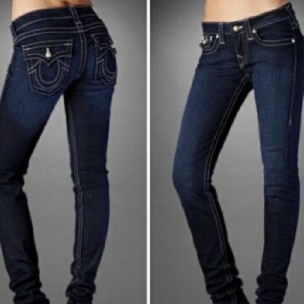 True Religion Julie Style #W102E360M Frayed Hem Distressed Dark Blue Low Rise